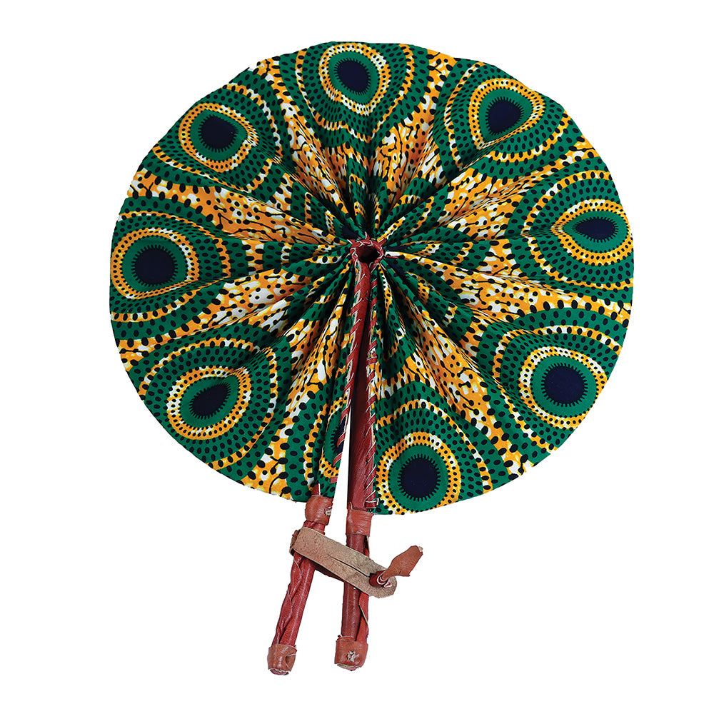 High-Quality Yellow / Green Circle African Print Leather Folding Fan - Alagema Fabrics & Accessories
