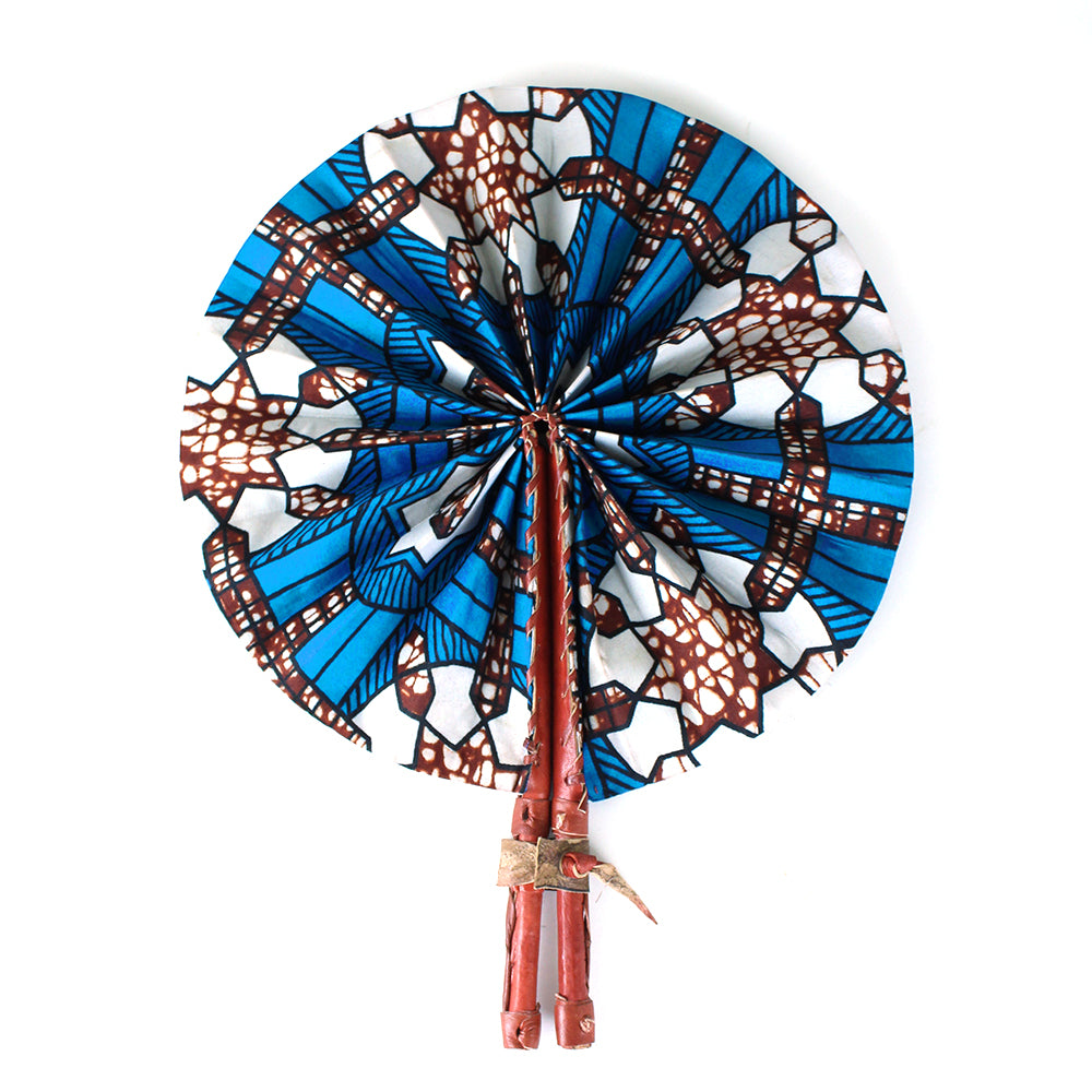 High-Quality Blue African Print Leather Hand Fan - Alagema Fabrics & Accessories