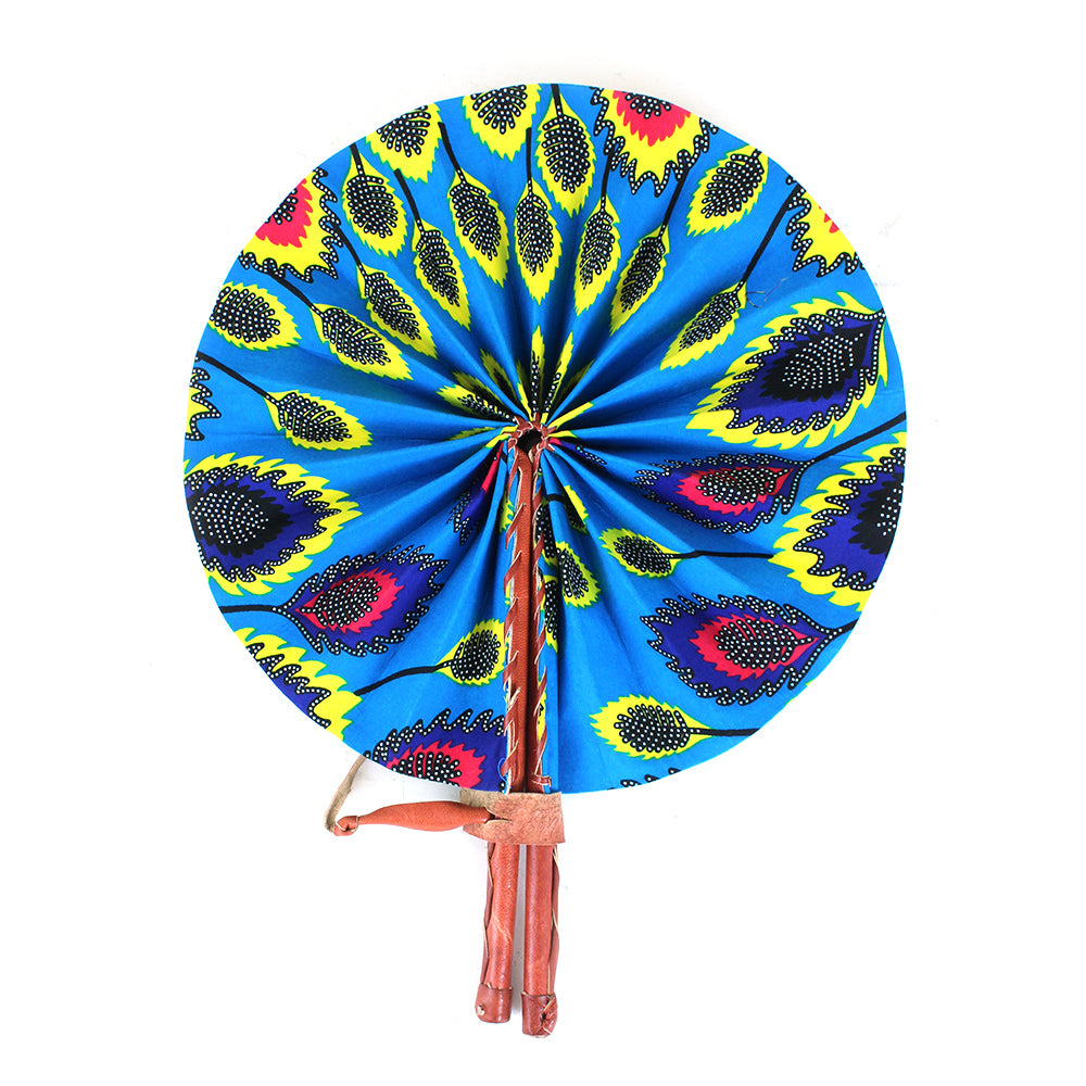 High-Quality Turquoise Leaf African Print Leather Folding Fan - Alagema Fabrics & Accessories