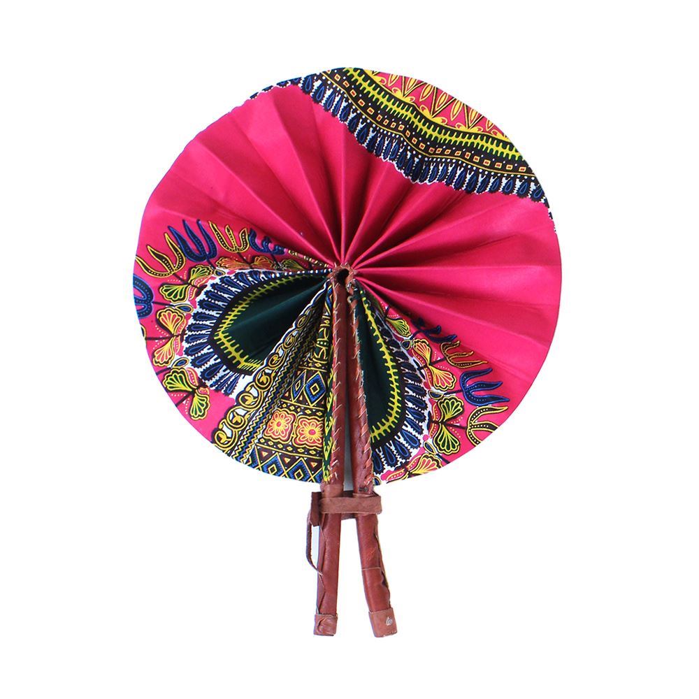 High-Quality Pink Traditional African Print Leather Folding Fan - Alagema Fabrics & Accessories